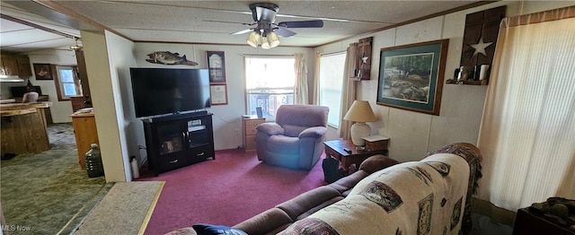 carpeted living room with ceiling fan, a textured ceiling, and crown molding