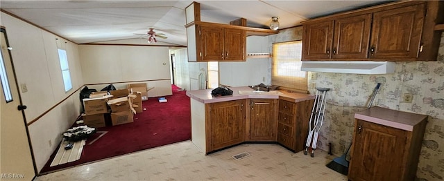 kitchen featuring ceiling fan, vaulted ceiling, and sink