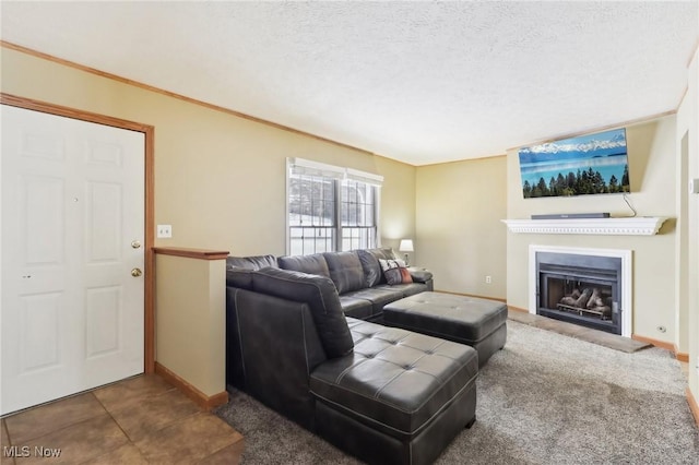 living room with a textured ceiling