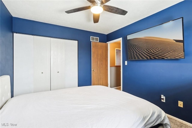 bedroom featuring ceiling fan, a closet, and carpet floors