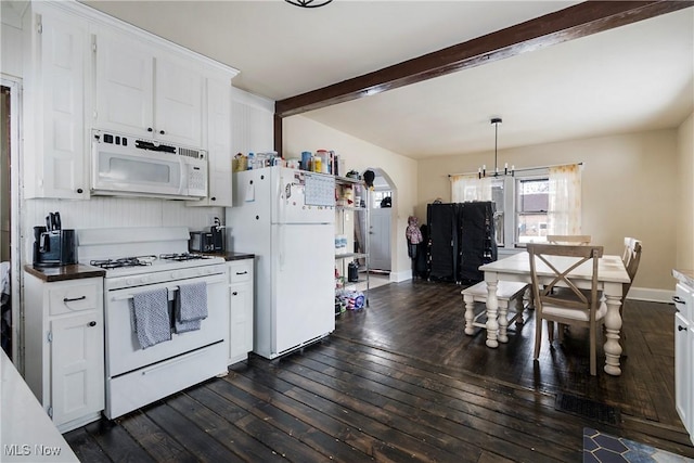 kitchen with white cabinetry, white appliances, and beam ceiling