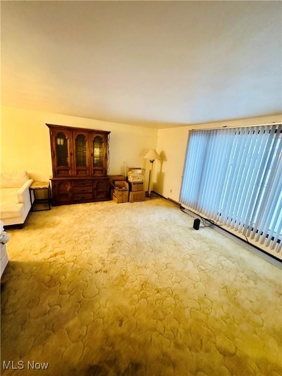 unfurnished living room featuring light carpet