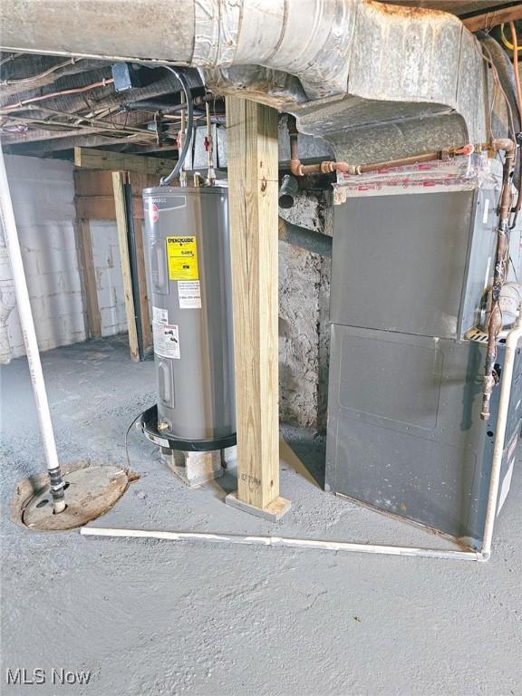 utility room featuring electric water heater and heating unit