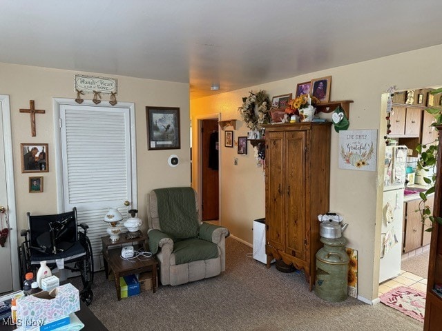 living area featuring light carpet