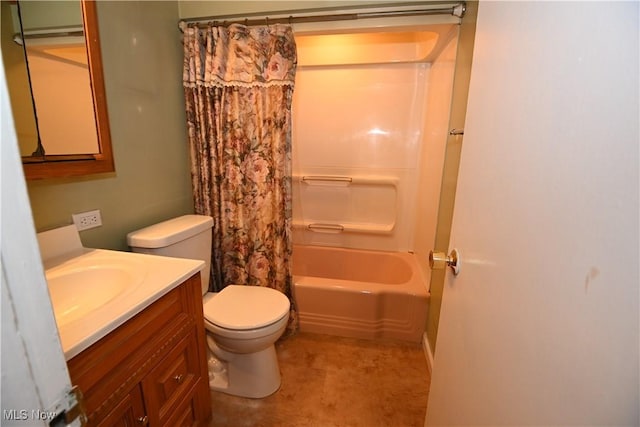 full bathroom featuring toilet, vanity, and shower / tub combo with curtain