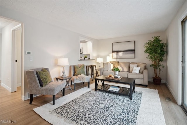 living room featuring a textured ceiling and light hardwood / wood-style flooring