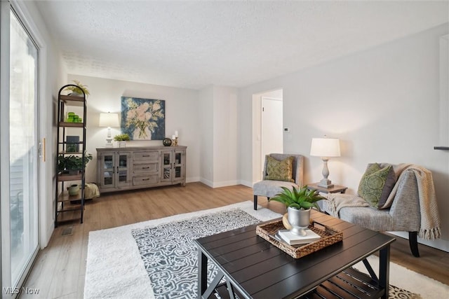 living room featuring a textured ceiling and light hardwood / wood-style flooring