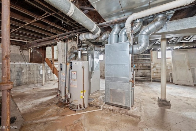 basement with heating unit and gas water heater