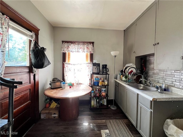 kitchen with backsplash, dark wood-type flooring, sink, and gray cabinetry