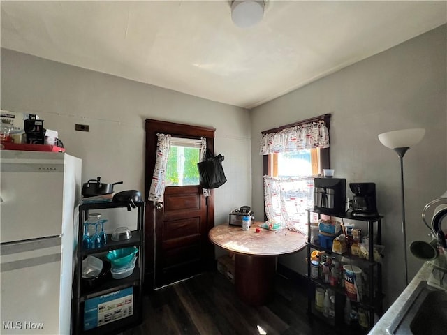 kitchen featuring dark hardwood / wood-style flooring and white refrigerator