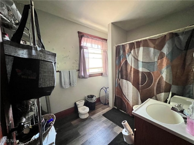 bathroom with hardwood / wood-style flooring, curtained shower, and vanity