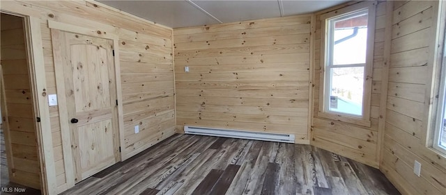 empty room with plenty of natural light, wooden walls, and a baseboard radiator