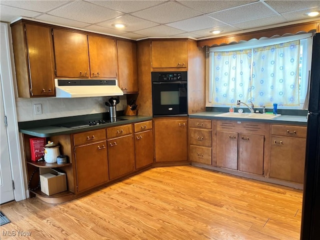 kitchen featuring light hardwood / wood-style floors, sink, black appliances, and a paneled ceiling