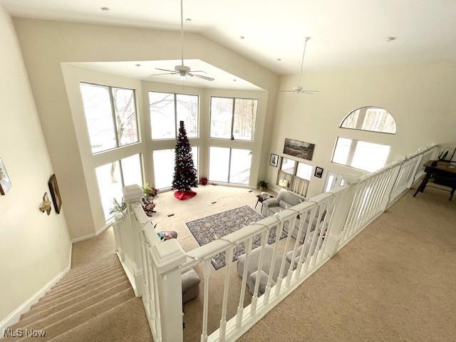 interior space with light carpet and a high ceiling