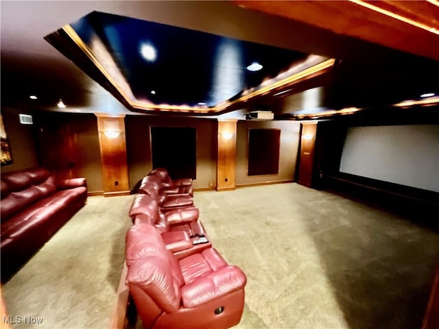 cinema room featuring carpet and a tray ceiling