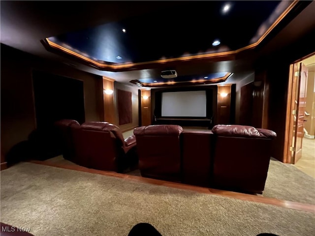 cinema room featuring light carpet and a raised ceiling