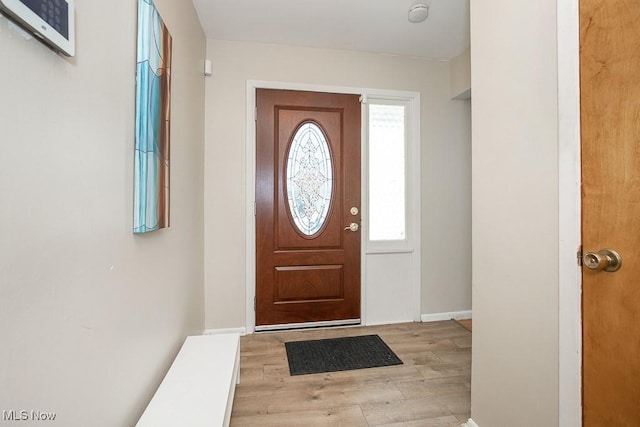 entryway with a wealth of natural light and light hardwood / wood-style flooring