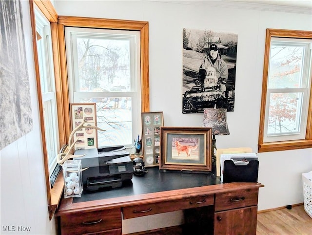 office space with light hardwood / wood-style floors