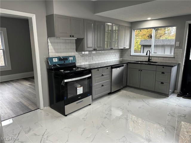 kitchen featuring sink, stainless steel dishwasher, gray cabinets, and range with electric cooktop