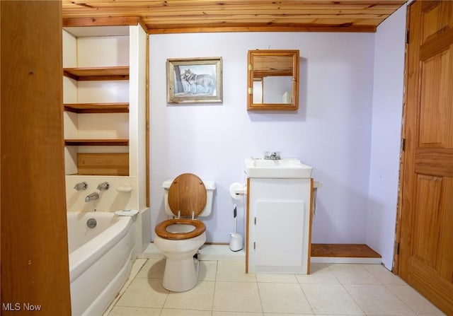 bathroom with wood ceiling, tile patterned floors, vanity, toilet, and a washtub