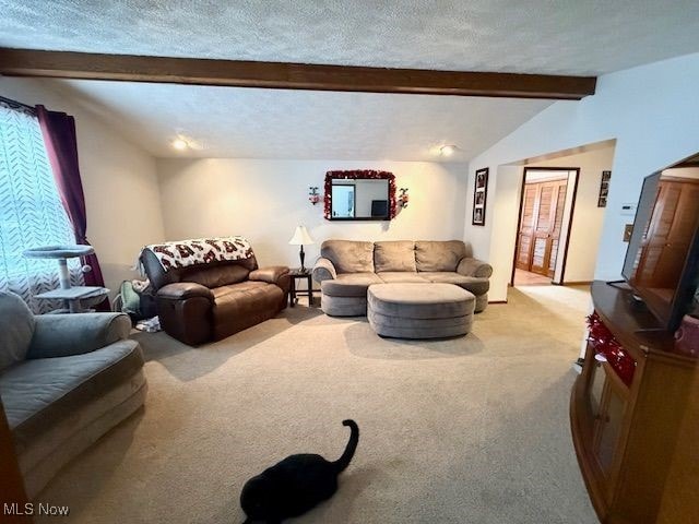 living room featuring light carpet, a textured ceiling, and lofted ceiling with beams