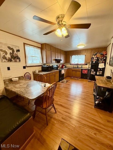 dining space featuring ceiling fan, sink, and light wood-type flooring