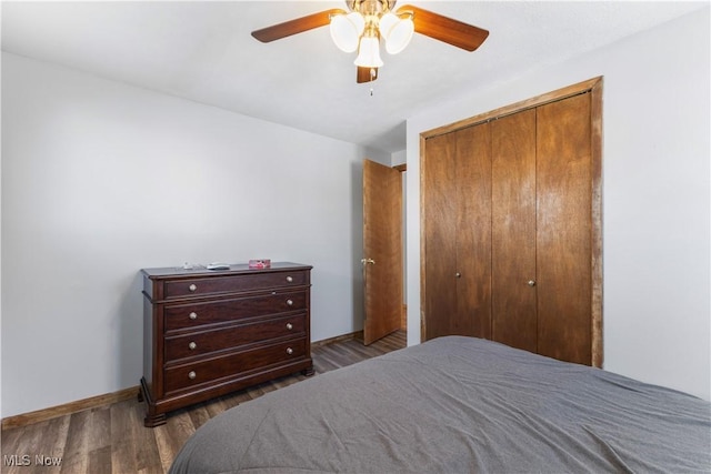 bedroom with ceiling fan, a closet, and dark hardwood / wood-style flooring