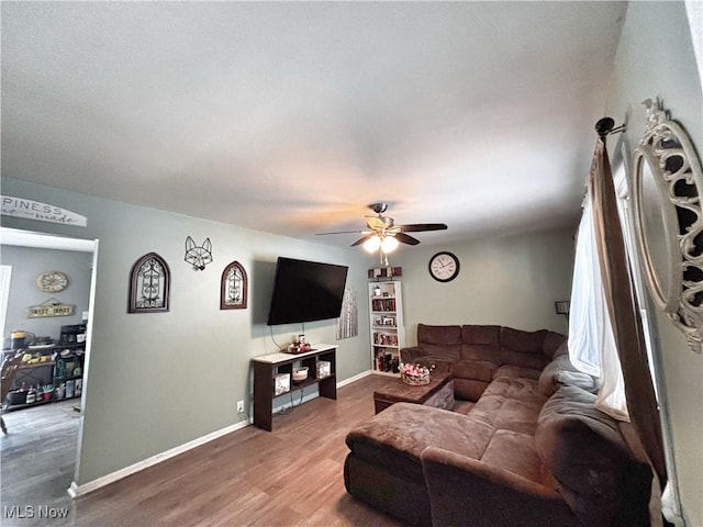 living room featuring ceiling fan and wood-type flooring