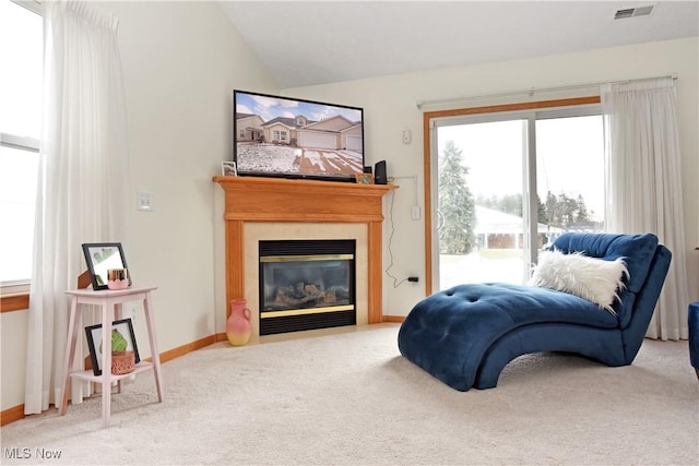 sitting room with carpet flooring and lofted ceiling