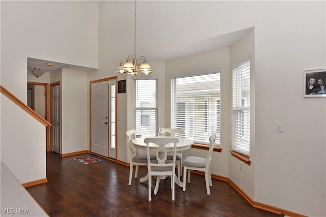 dining area featuring dark wood-type flooring and a chandelier