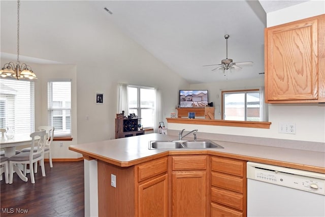 kitchen featuring sink, white dishwasher, dark wood-type flooring, high vaulted ceiling, and ceiling fan with notable chandelier