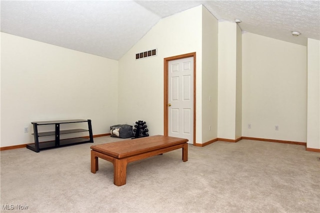 living area featuring vaulted ceiling, a textured ceiling, and light colored carpet