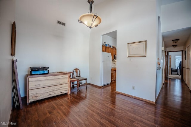 interior space with dark wood-type flooring and a high ceiling