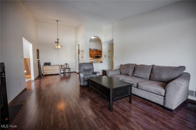 living room featuring dark hardwood / wood-style floors and a high ceiling