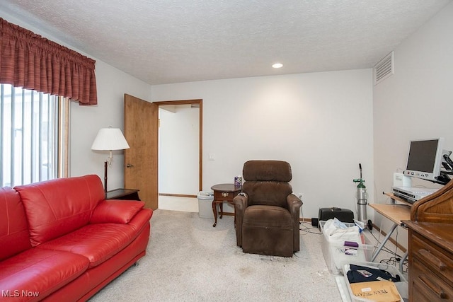 carpeted living room featuring a textured ceiling