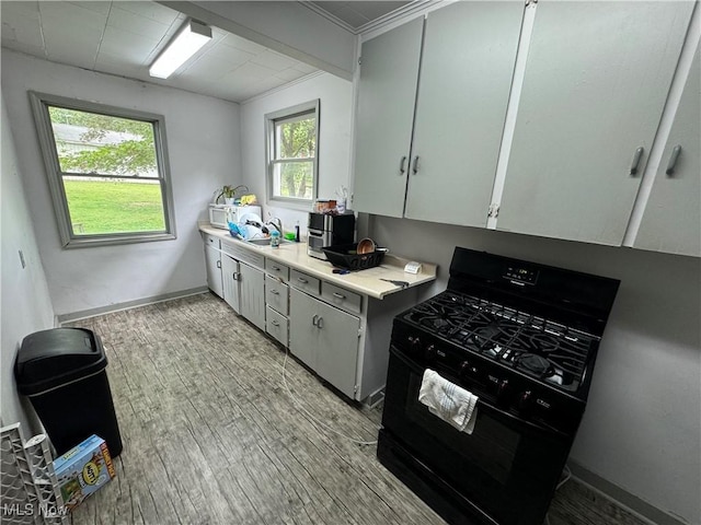 kitchen featuring crown molding, light hardwood / wood-style flooring, black gas stove, and sink