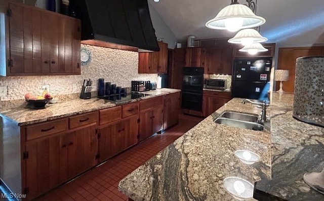 kitchen with premium range hood, backsplash, sink, pendant lighting, and black appliances