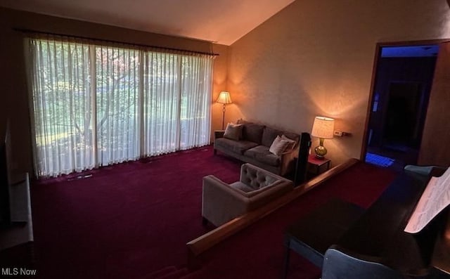 living room featuring lofted ceiling and carpet flooring