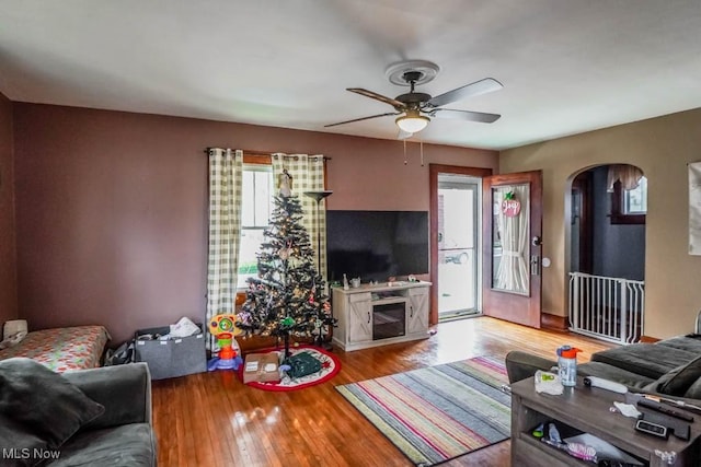 living room featuring ceiling fan and light hardwood / wood-style floors