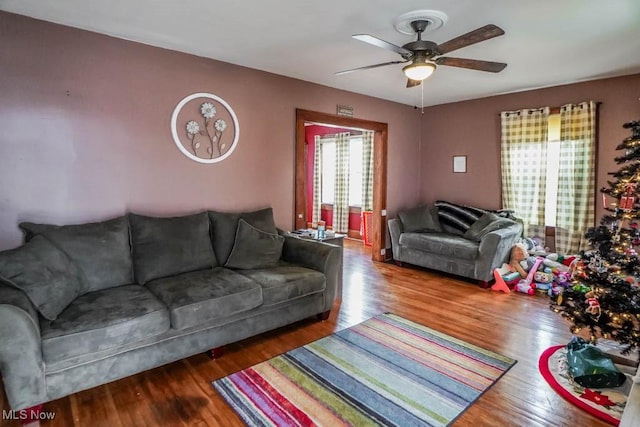 living room with ceiling fan and hardwood / wood-style floors