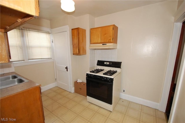 kitchen with range with gas cooktop, sink, and tasteful backsplash