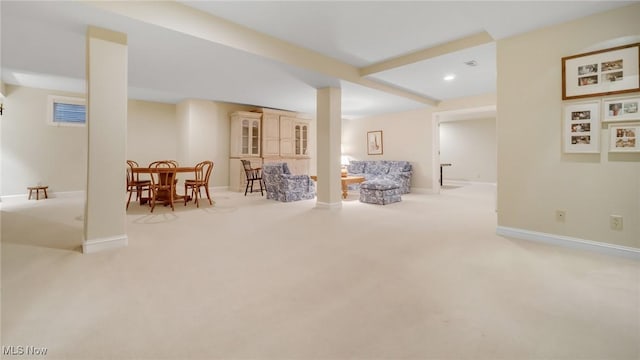 sitting room with recessed lighting, baseboards, and carpet