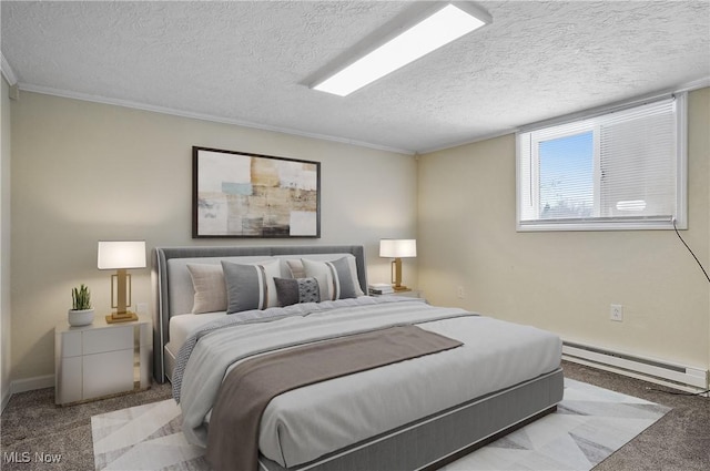 carpeted bedroom featuring a textured ceiling, crown molding, and a baseboard radiator