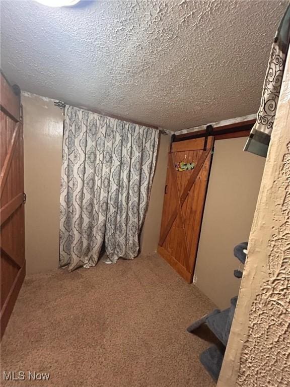 basement with a textured ceiling, carpet, and a barn door