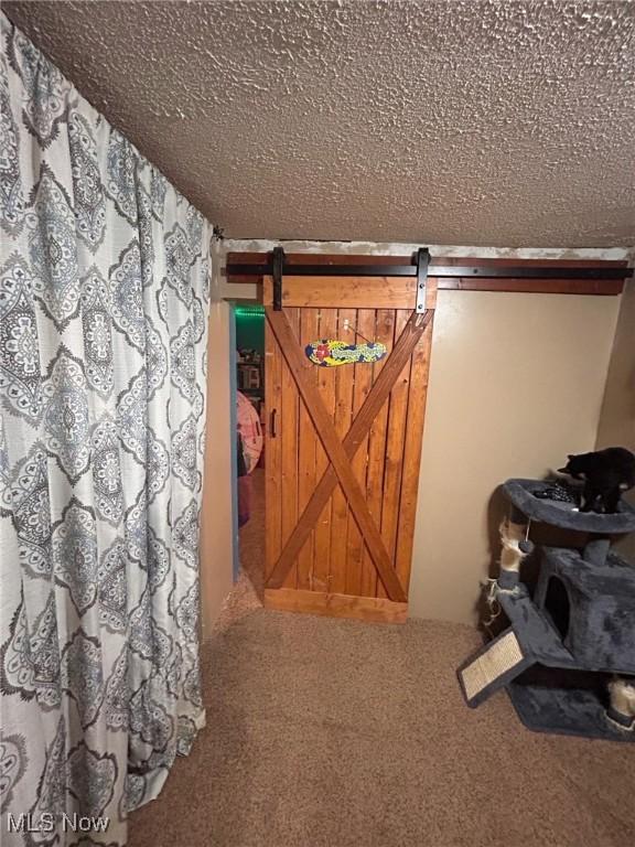 hall with a textured ceiling, carpet, and a barn door