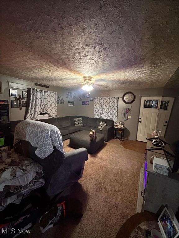 carpeted living room with a textured ceiling