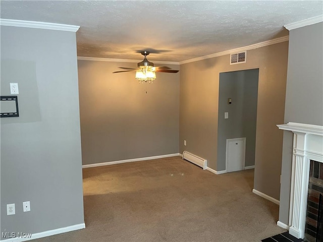 carpeted empty room featuring a brick fireplace, ornamental molding, and a baseboard radiator