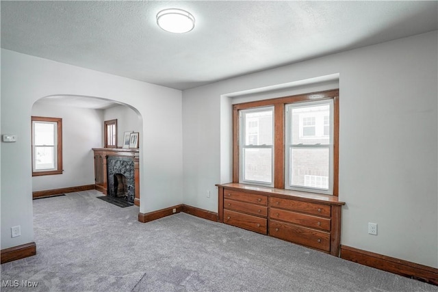 carpeted spare room with a stone fireplace and a healthy amount of sunlight