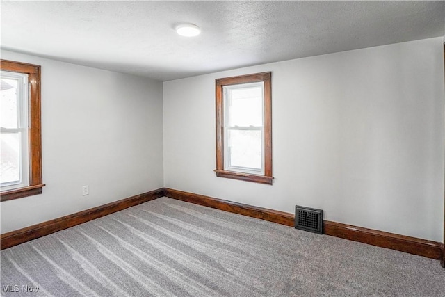 carpeted empty room with plenty of natural light and a textured ceiling