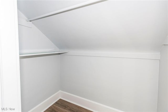 walk in closet featuring lofted ceiling and dark hardwood / wood-style flooring